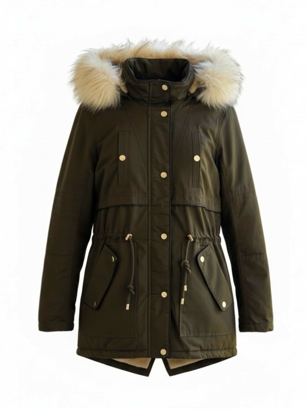 Mo-Ka Women's Olive Faux-Fur Trim Hooded Parka Jacket Sz.M